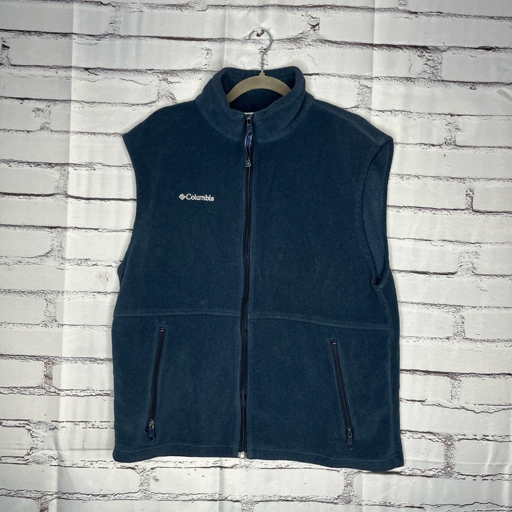 Columbia Men's Navy Blue Fleece Sweater Vest Zip up Collared Jacket Sleeveless L